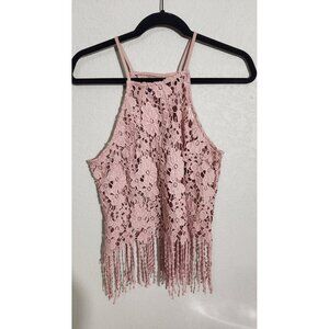 Its Pink Tank Top Womens Small Crochet Lace Fringe Boho Festival Frenge Fairy